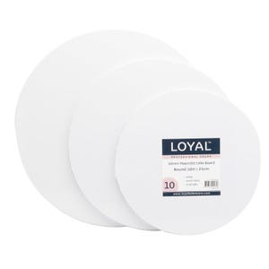 May include: Three white, round cake boards are stacked. The largest board has a label that reads "LOYAL PROFESSIONAL GRADE 10mm Masonite Cake Board Round 10in | 25cm". The boards are food safe.
