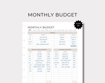 May include: A printable monthly budget planner with the title "MONTHLY BUDGET" at the top. The planner includes sections for income, bills, and variable expenses. The text "FILLABLE PDF!" is in a black starburst.