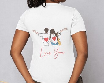 T-shirt met afbeelding van stel met hart op de achterkant | Love You, bijpassend relatieshirt
