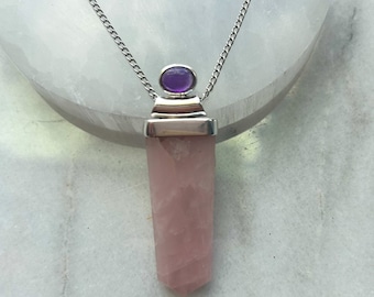 Rose Quartz and Amethyst pendant, Polished crystal, Jewelry, Sterling Silver Statement Piece, Power Healing, Heart Chakra, Love, February