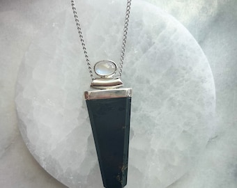 Onyx and Moon stone pendant, Polished crystal, Gothic Jewelry, Crown Chakra Energy, Sterling Silver Statement Piece, Unique Gift