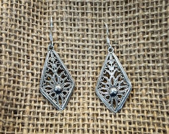 Fancy kite Drop Dangle Earrings, Sterling Silver Filigree Earrings