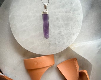 Amethyst Spire Crystal pendant, Polished Carved crystal, Jewelry, Sterling, Power Healing, Peace Unification, Calming, February birthstone