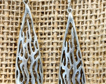 Flame Deep Drop Dangle Earrings, Sterling Silver Filigree Earrings