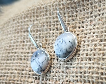 Superbe boucle d’oreille Dangle en agate d’arbre unique en son genre, Argent sterling, Opale, Quartz dendritique, Agate d’arbre, Cadeau