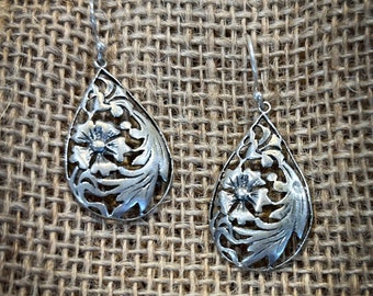 Large floral and filigree drop Sterling Silver Filigree Earrings