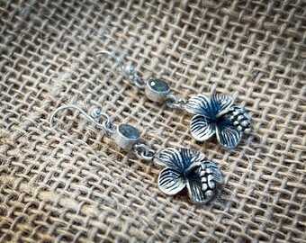 Single hibiscus snd crystal drop Sterling Silver Earrings