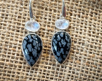 Teardrop shaped Snowflake Obsidian and Moonstone Dangle Earrings, Drop, Ear Wire
