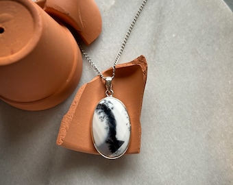 UNIQUE one of a kind pendant, Sterling Silver, Opal, Dendritic quartz, Statement Pendant, Tree Agate, Gift, Free Chain