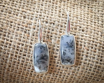 Tree agate Dangle Earring, One of a kind, unique, Sterling Silver, Opal, Dendritic quartz, Tree Agate, Gift