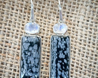 Rectangle Snowflake Obsidian and Moonstone Dangle Earrings, Drop, Ear Wire