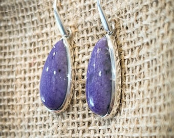 Boucles d'oreilles pendantes en forme de goutte de charoite, argent sterling, fil d'oreille