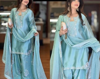 Heavy Embroidered Farsi Salwar Kameez Readymade Silk kurta palazzo with designer dupatta suit Panjabi style outfits