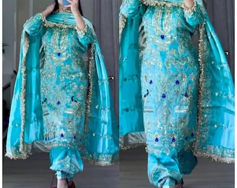 Hermoso traje Salwar Kameez azul cielo, Punjabi Dhoti Kurta Dupatta, Salwar Kamez cosido, Dupatta de diseñador bordado, Traje para bodas