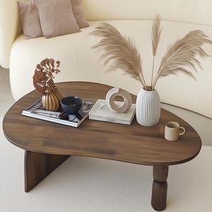 Modern Solid Wood Coffee Table, Organic Shape Walnut Finish, Low Mid-Century Modern Accent Table for Living Room, Handcrafted Coffee Table