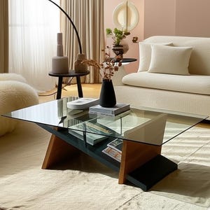 Moderne Massivholz Glasplatte Couchtisch, Minimalistischer Akzent Tisch, Schwarz und Holzbein Couchtisch, Maßgeschneiderte Wohnzimmer Möbel,