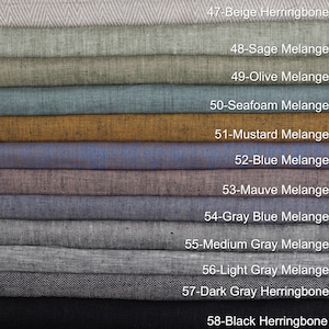 May include: A fabric swatch display featuring various colors and textures. The samples include shades like beige, sage, olive, seafoam, mustard, blue, mauve, gray-blue, medium gray, light gray, dark gray herringbone, and black herringbone.