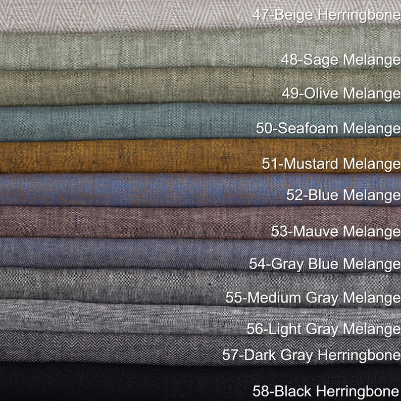 May include: A fabric swatch display featuring various colors and textures. The samples include shades like beige, sage, olive, seafoam, mustard, blue, mauve, gray-blue, medium gray, light gray, dark gray herringbone, and black herringbone.