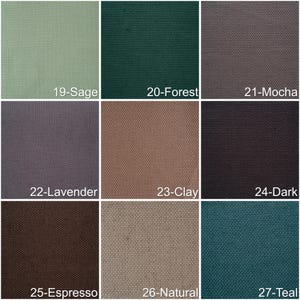 May include: A color palette featuring nine fabric swatches in various shades. Colors include sage, forest green, mocha, lavender, clay, dark, espresso, natural, and teal. Each swatch is labeled with a number and color name.