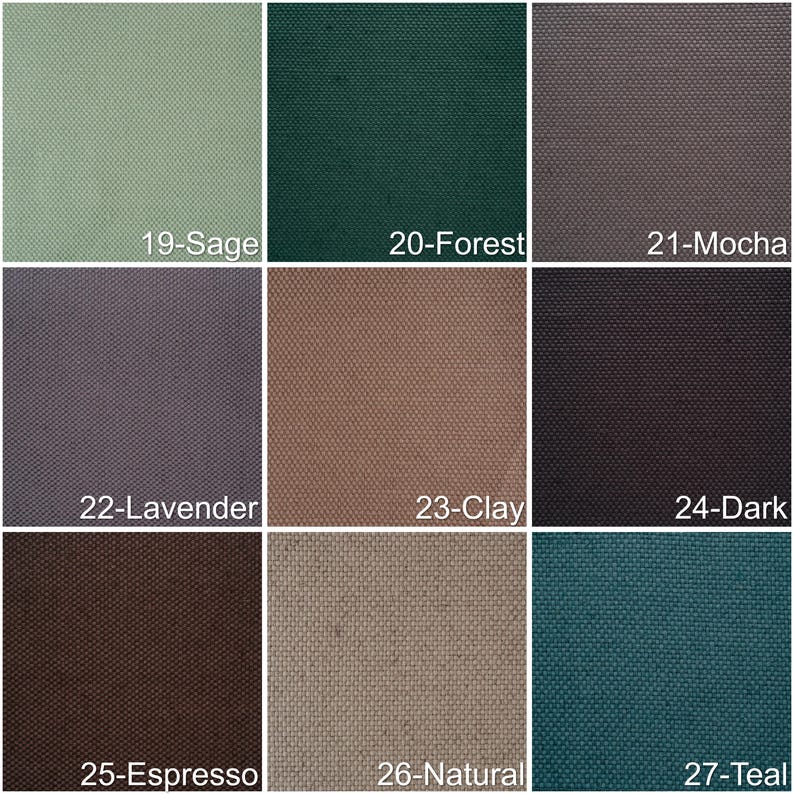 May include: A color palette featuring nine fabric swatches in various shades. Colors include sage, forest green, mocha, lavender, clay, dark, espresso, natural, and teal. Each swatch is labeled with a number and color name.