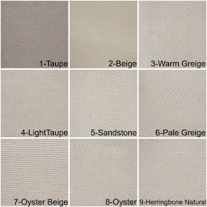 May include: A collection of nine fabric swatches in various neutral tones. Colors include Taupe, Beige, Warm Greige, Light Taupe, Sandstone, Pale Greige, Oyster Beige, Oyster, and Herringbone Natural. Each swatch is labeled with a number and color name.