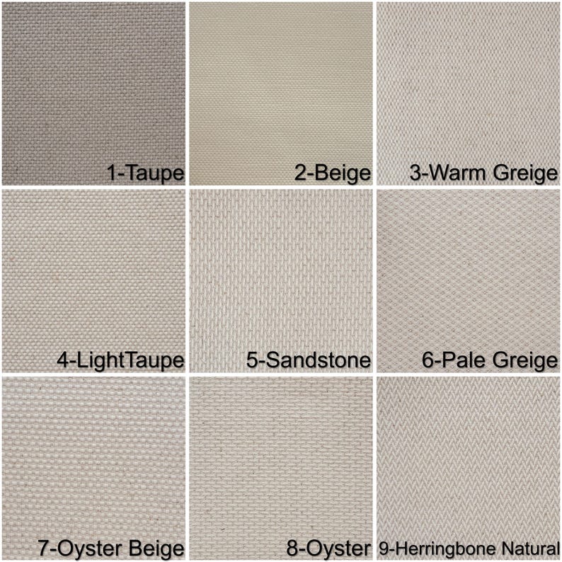 May include: A collection of nine fabric swatches in various neutral tones. Colors include Taupe, Beige, Warm Greige, Light Taupe, Sandstone, Pale Greige, Oyster Beige, Oyster, and Herringbone Natural. Each swatch is labeled with a number and color name.