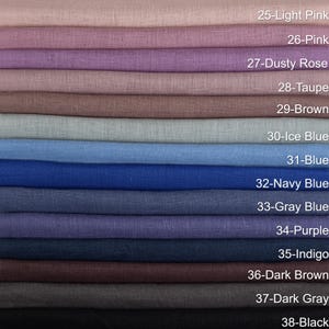 May include: A stack of linen fabric swatches in various colors, including light pink, pink, dusty rose, taupe, brown, ice blue, blue, navy blue, gray blue, purple, indigo, dark brown, dark gray, and black. Each swatch is labeled with a number and color name.