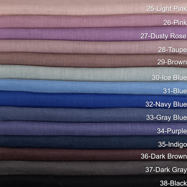 May include: A stack of linen fabric swatches in various colors, including light pink, pink, dusty rose, taupe, brown, ice blue, blue, navy blue, gray blue, purple, indigo, dark brown, dark gray, and black. Each swatch is labeled with a number and color name.