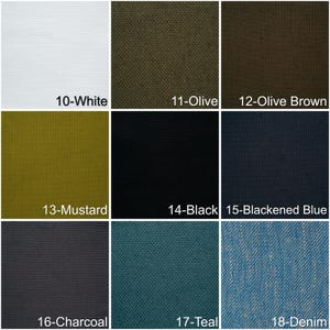 May include: A grid of fabric swatches in various colors, including white, olive, olive brown, mustard, black, blackened blue, charcoal, teal, and denim. Each swatch is labeled with a number and color name.