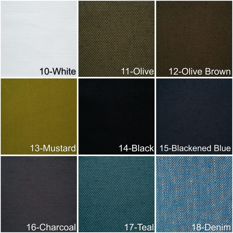 May include: A grid of fabric swatches in various colors, including white, olive, olive brown, mustard, black, blackened blue, charcoal, teal, and denim. Each swatch is labeled with a number and color name.