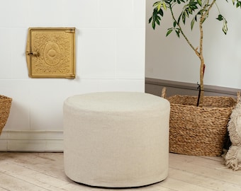 Funda de otomana redonda de lino – Funda de puf circular personalizada sin base – Funda de reposapiés natural – Decoración ecológica para el hogar