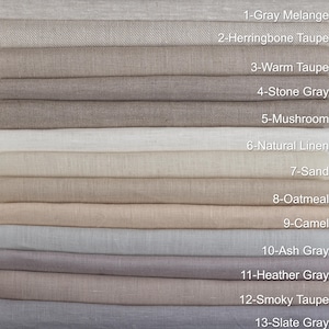 May include: A stack of fabric swatches in various neutral colors, including gray, taupe, and beige. The swatches are labeled with names like "Gray Melange," "Herringbone Taupe," and "Natural Linen." The image showcases a range of textures and shades suitable for home decor or textile projects.