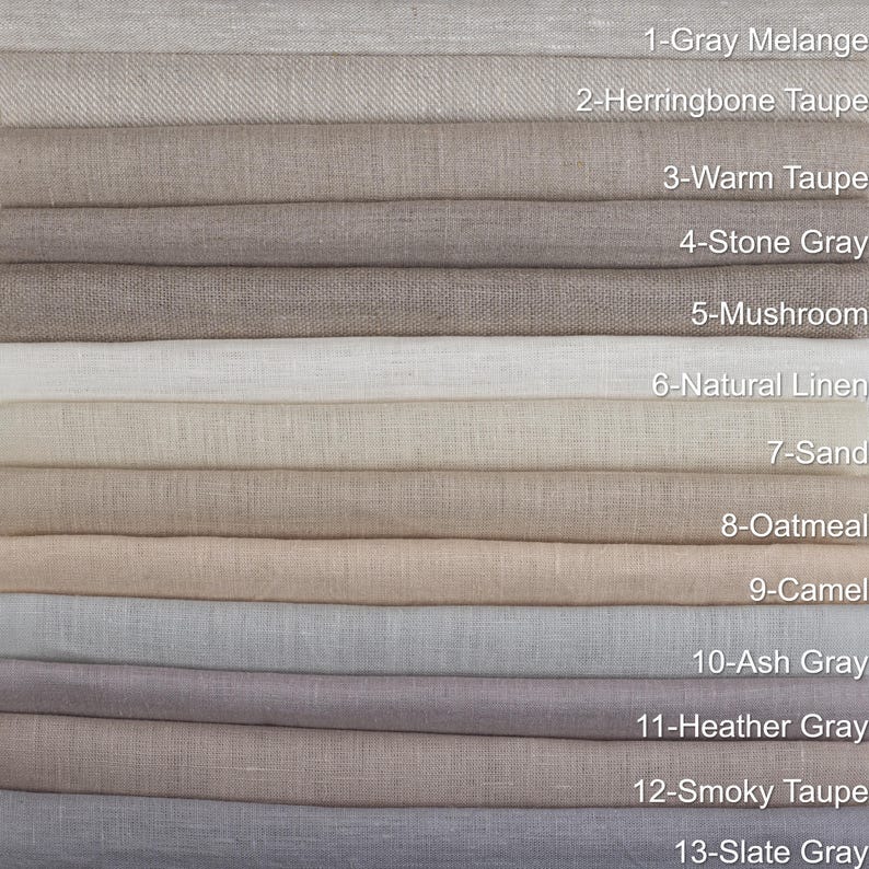 May include: A stack of fabric swatches in various neutral colors, including gray, taupe, and beige. The swatches are labeled with names like "Gray Melange," "Herringbone Taupe," and "Natural Linen." The image showcases a range of textures and shades suitable for home decor or textile projects.