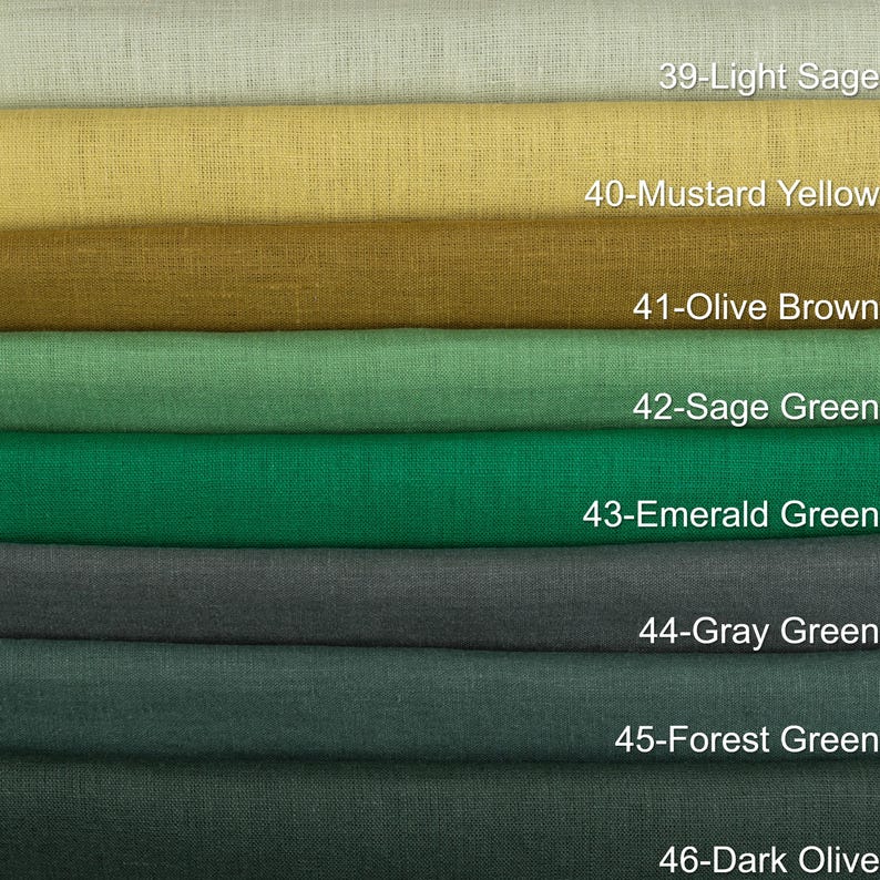 May include: A color palette of fabric swatches in shades of green, yellow, and gray. The swatches are labeled with color names and numbers, including "Light Sage," "Mustard Yellow," "Olive Brown," "Sage Green," "Emerald Green," "Gray Green," "Forest Green," and "Dark Olive."
