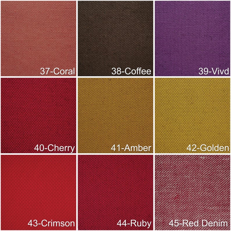 May include: Nine fabric swatches in various colors, including coral, coffee, vivid purple, cherry red, amber, golden yellow, crimson, ruby, and red denim. Each swatch is labeled with a number and color name.