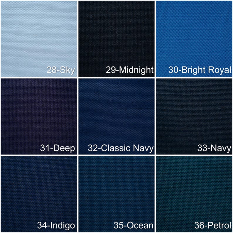 May include: Nine fabric swatches in shades of blue, from light sky blue to deep petrol. Each swatch is labeled with a number and color name, including "Sky," "Midnight," "Bright Royal," "Deep," "Classic Navy," "Navy," "Indigo," "Ocean," and "Petrol."