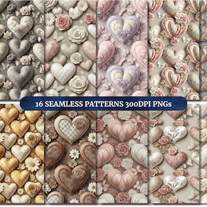 Könnte beinhalten: Eine Sammlung von 16 nahtlosen Mustern mit Herzmotiven, Rosen und Schmetterlingen in verschiedenen Farben. Die Muster umfassen strukturierte Herzen, florale Akzente und eine sanfte Farbpalette, ideal für digitale Designprojekte. Der Text lautet: "16 SEAMLESS PATTERNS 300DPI PNGs."