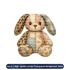 May include: A patchwork bunny soft toy featuring floral, leopard print, and plaid patterns. The bunny has black button eyes and a brown nose. The text "Set of 3 High-Quality 300dpi Transparent Background PNGs" is at the bottom.
