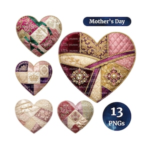 May include: A collection of heart-shaped designs with various patterns and textures. The hearts feature quilted and patchwork designs in shades of pink, burgundy, gold, and cream. Some hearts have floral and lace details. The text "Mother's Day" is visible.