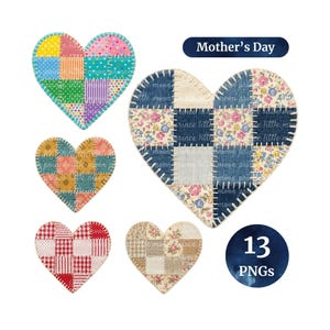 13 Simple Patchwork Heart PNGs for Mother's Day | Check Pattern Fabric Clipart Style Design