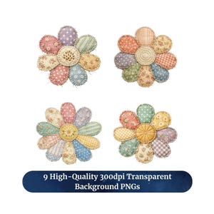Op de afbeelding: Vier kleurrijke stoffen bloemontwerpen met verschillende patronen en texturen. Elke bloem heeft een centrale, getextureerde cirkel omgeven door bloemblaadjes in pastelkleuren. De afbeelding bevat de tekst "9 High-Quality 300dpi Transparent Background PNGs."