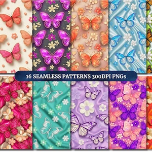 Könnte beinhalten: Eine Sammlung von 16 nahtlosen Mustern mit Schmetterlingen und Blumen in verschiedenen Farben. Die Muster zeigen Schmetterlinge in Rosa, Orange, Lila und Blau, mit floralen Akzenten. Der Text "16 SEAMLESS PATTERNS 300DPI PNGs" ist zu sehen.