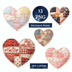 Könnte beinhalten: Sammlung von sechs Patchwork-Herzen in verschiedenen Farben und Mustern. Jedes Herz besteht aus zusammengenähten Stoffquadraten mit Designs wie Blumenmustern, Streifen und Vichy. Das Bild enthält den Text "13 PNG" und "Patchwork Hearts".