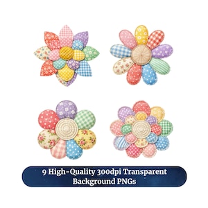 Peut inclure: Quatre motifs de fleurs en tissu colorées avec divers motifs et textures. Chaque fleur a un élément central circulaire et des formes en forme de pétales dans des tons de rouge, jaune, bleu et violet. Le texte de l'image indique : "9 High-Quality 300dpi Transparent Background PNGs."
