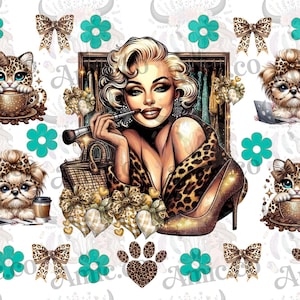 May include: A decorative design with a central image of a woman in a leopard print outfit, surrounded by illustrations of cats, bows, paw prints, and flowers. The color scheme includes brown, teal, and gold, creating a glamorous and playful aesthetic.
