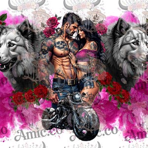 May include: A digitally created design featuring a couple with tattoos, a motorcycle, and two wolves. The design incorporates red roses and a pink watercolor effect on a white background.