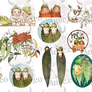 May include: A series of charming illustrations depicting children dressed in leaf costumes, combined with botanical imagery such as leaves, flowers, and berries. The artwork has a vintage, storybook style with soft colours and delicate details.