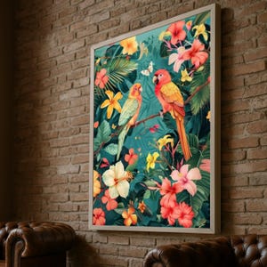 Tropical Parrots Canvas Wall Art, Exotic Birds and Floral Botanical Decor, Vibrant Jungle Foliage Canvas, Colorful Nature Wall Art, Ready to