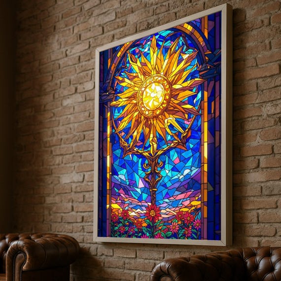 鮮やかなサンバーストステンドグラスキャンバス、カラフルな花の