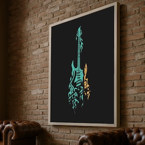 Abstrakcyjne płótno z gitarą elektryczną, muzyka na ścianę, nowoczesna dekoracja instrumentu rockowego, współczesna sylwetka gitary na płótnie, pokój muzyczny w domu